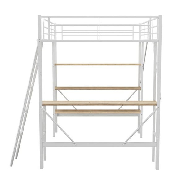 Sängloft - Vit - 90x200 cm - Inbyggt skrivbord - 3 hyllor - Hållbar metall Vit