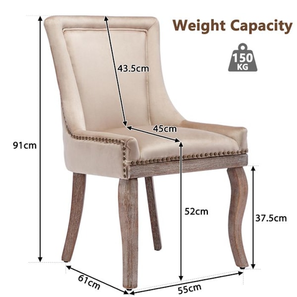 Set med 6 Matstolar - Beige Sammet Kökstol - Massivt Träben - Vardagsrum Stol - Dekorativa Nitar Beige