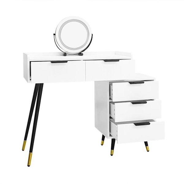 Smyckebord med LED-spegel - Justerbar ljusstyrka - 5 lådor - 80x40x110cm - Vit Svart Guld Vit + Svart + Guld