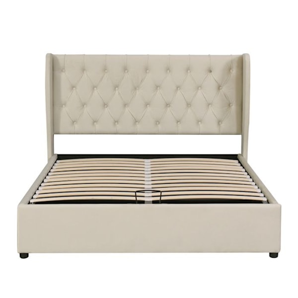 Säng med dubbel ram 160x200 cm i sammet - Vuxensäng med huvudgavel - Hydraulisk förvaring - Lameller - beige Beige