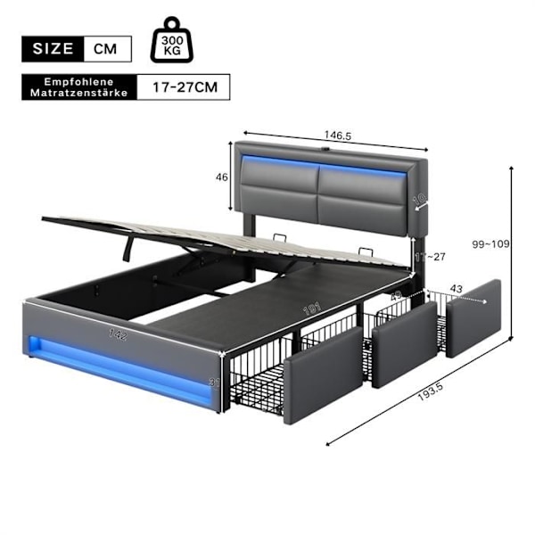 Lit coffre 140x190 cm - Similicuir - Grå - LED - 3 lådor - Justerbar sänggavel Grå