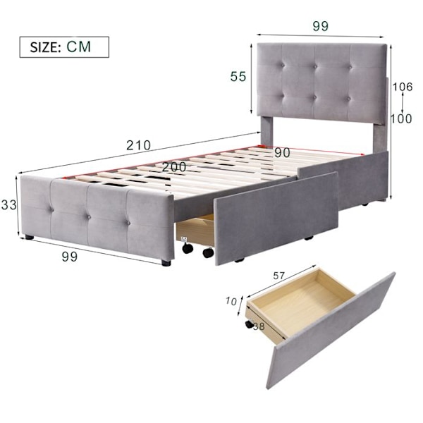 Säng barn - Ej specificerad - 90x200cm - Mjukt sammet - 2 lådor - Grå Grå