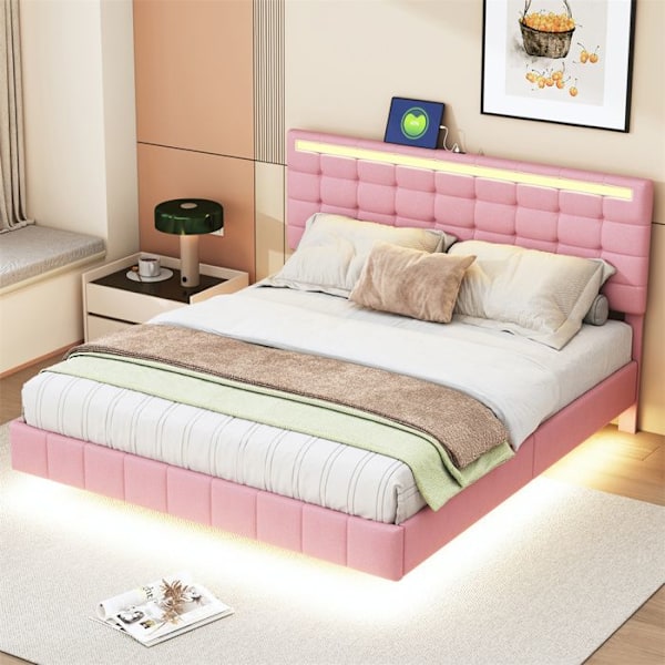 Dubbelsäng Vuxensäng 160 x 200 cm i mjuk linne för huden - LED-ljusslinga - Justerbar sänggavel - Polstrad säng - Rosa Rosa
