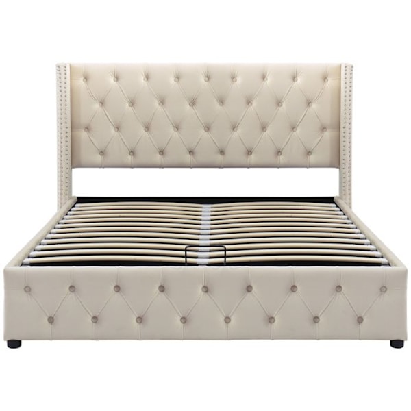 Lit coffre för vuxna 140x200 cm - Dubbel säng med ribbotten - Hydraulisk spak - Nitar design - Sammet - Beige Beige