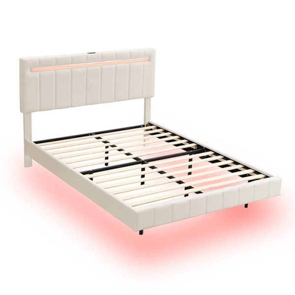 Plattängd med stoppning för vuxna 140 x 200 cm med LED-ljusslinga - Justerbar sänggavel - Linneväv - Beige Beige