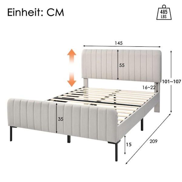 Säng vuxen 140 x 200 cm med ribbotten och justerbar huvudända, Dubbelsäng - Material linne - Grå-beige Grå-beige