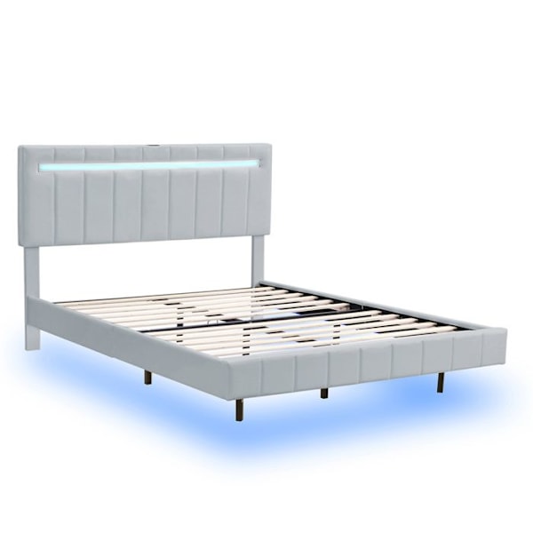 Uppfyllt säng Vuxensäng 160 x 200 cm med LED-ljuslist - Justerbar sänggavel - Linneväv - Grå Grå
