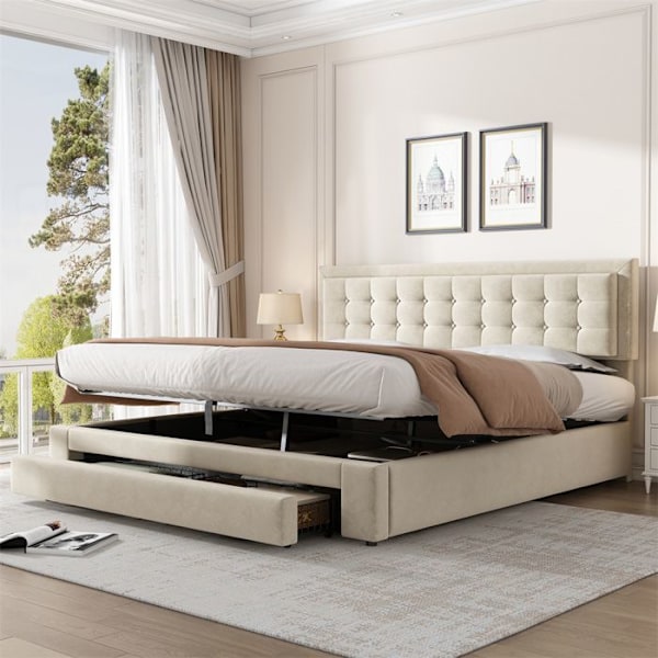 Säng 160x200 cm med 2 lådor, Vuxensäng med ribbotten och justerbart huvudgavel, sammet, beige Beige