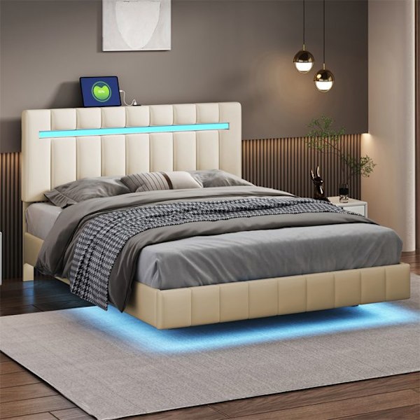 Plattängd med stoppning för vuxna 140 x 200 cm med LED-ljusslinga - Justerbar sänggavel - Linneväv - Beige Beige