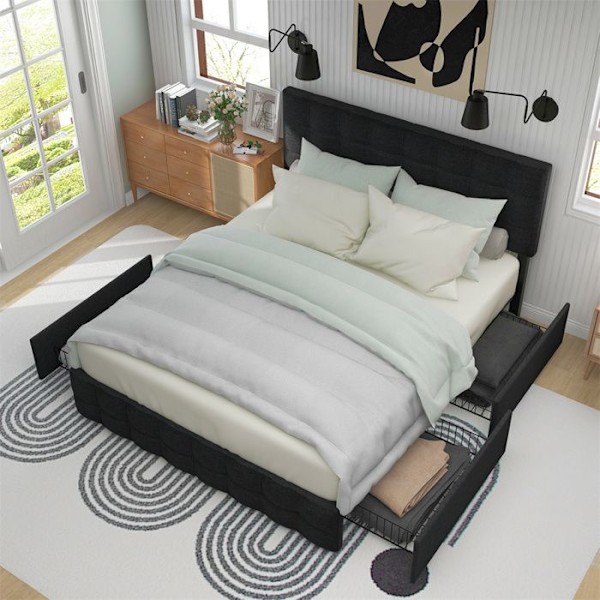 Dubbelbädd 140 x 200 cm med 4 förvaringslådor, ribbbotten, justerbar sänggavel, linne, svart Svart