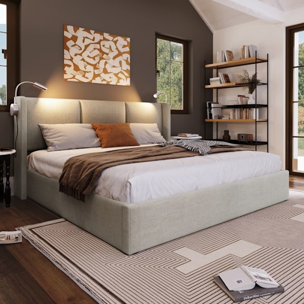 Litsäng 140x200 cm med förvaringsutrymme, läslampa och USB, ribbotten, linne, beige Beige