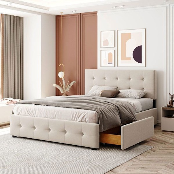 Dubbel säng 140x200 cm med 4 lådor och ribbotten, Säng 140x200 cm med justerbar huvudgavel, sammetstyg, Beige Beige