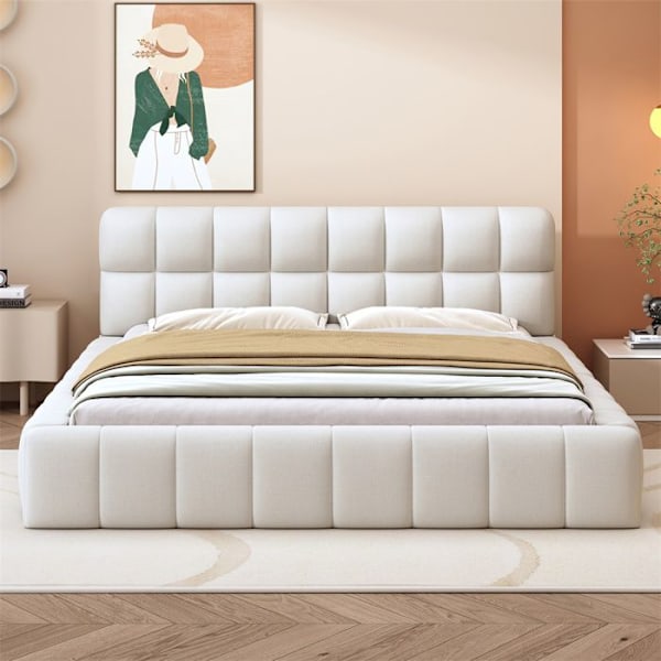 Dubbel säng 140x200 cm Capitonné i lin, Vuxensäng 140x200 cm med ryggstöd och ribbotten, Inbyggd säng, Beige Beige