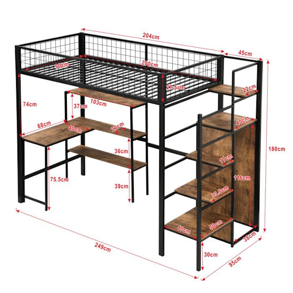 Säng mezzanin - Ej specificerat - 90x200 - Svart - Skrivbord och garderob ingår - 120 kg max Svart