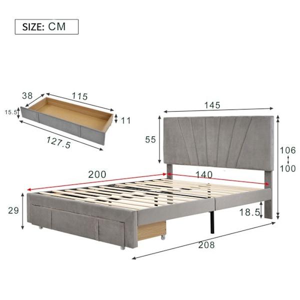 Polstret säng Vuxensäng 140x200 cm i sammet - stor låda - ribbotten - justerbar sänggavel - skandinavisk stil - Grå Grå