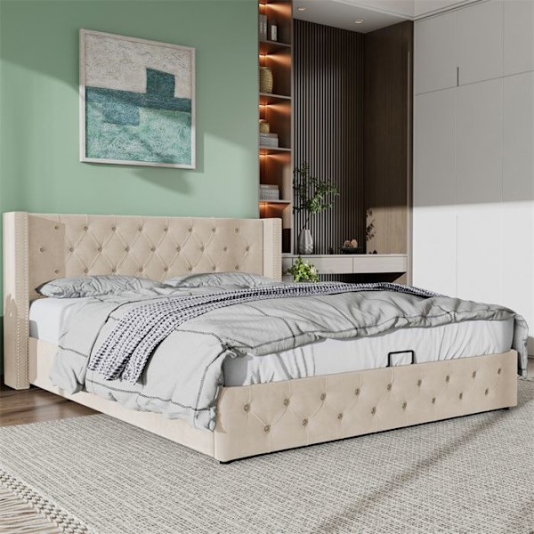 Lit coffre för vuxna 140x200 cm - Dubbel säng med ribbotten - Hydraulisk spak - Nitar design - Sammet - Beige Beige