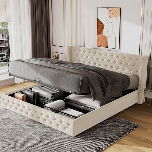 Lit coffre för vuxna 140x200 cm - Dubbel säng med ribbotten - Hydraulisk spak - Nitar design - Sammet - Beige Beige
