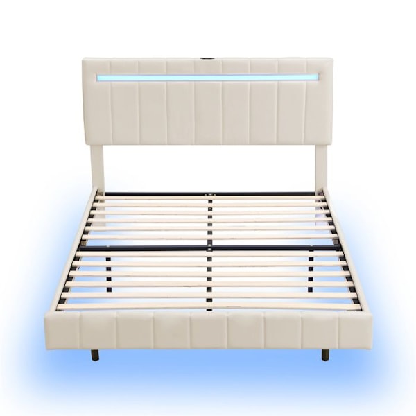 Plattängd med stoppning för vuxna 140 x 200 cm med LED-ljusslinga - Justerbar sänggavel - Linneväv - Beige Beige