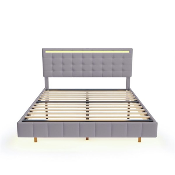 Dubbel säng Vuxensäng 160 x 200 cm i mjuk linne för huden - LED-ljusband - Justerbar sänggavel - Fälld säng - Grå Grå