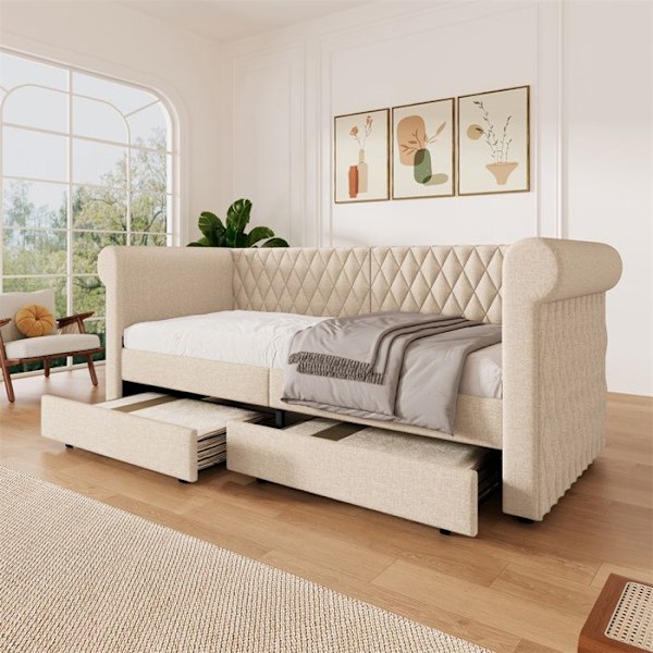Lit Simple 90x200cm - HAVSMUR - Säng för dagen - 2 Lådor - Lin - Beige Beige