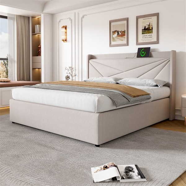 Säng 180x200 cm med USB och Typ C, säng 180x200 cm med ribbotten, vuxensäng i linne, beige Beige