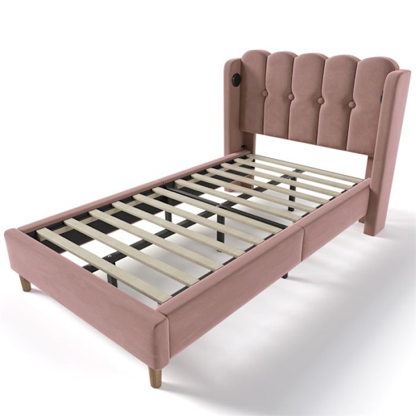 Säng 90x200 cm med USB Type C-laddning, Sängram med ribbotten, Sammet, Rosa Rosa