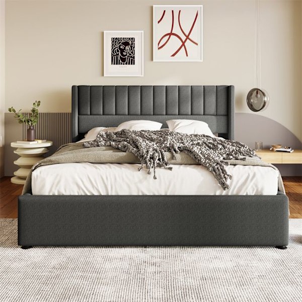 Lit med förvaring för vuxna 160x200 cm - SEA WALL - Grå linnetextil - Sänggavel med vingar - Förvaringslåda - Sängbotten med ribbor Grå