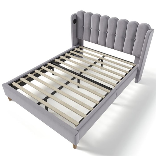 Dubbelbädd 160x200 cm med USB Type C-laddning, Sängram med ribbotten, Linne, Grå Grå