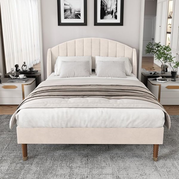säng 160x200 cm vuxensäng med ribbotten - huvudgavel - sammetstyg - beige Beige
