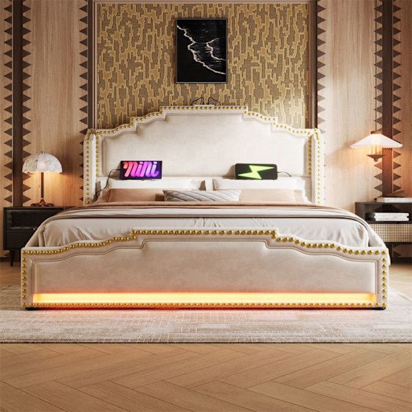 Dubbelbädd 160x200 cm - HAVSVÄGG - 4 lådor - LED-belysning - Laddningsportar - Beige sammet Beige