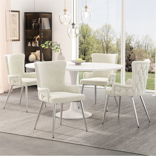 Samtida Matstolar - Set om 4 - Polstret Kökstol - Silverfärgade Metallben - Sammet - Beige Beige + Silver