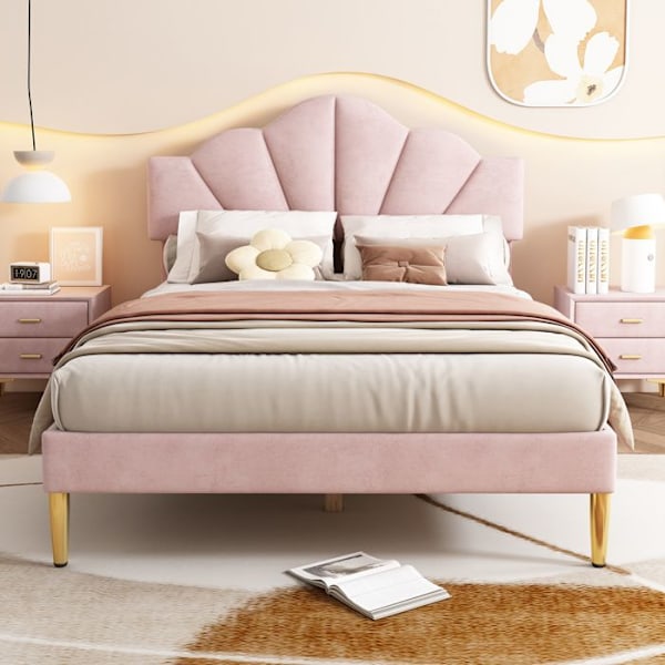Uppblåsbart säng 140×190 cm dubbelsäng med ribb-sängbotten - Justerbar sänggavel - Sammetstyg - Rosa Rosa