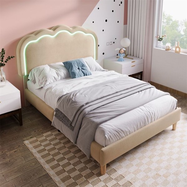 Uppstoppad säng 90 x 190 cm, enkel LED-säng, sängram med ribbotten och justerbar huvudgavel, linne, beige Beige
