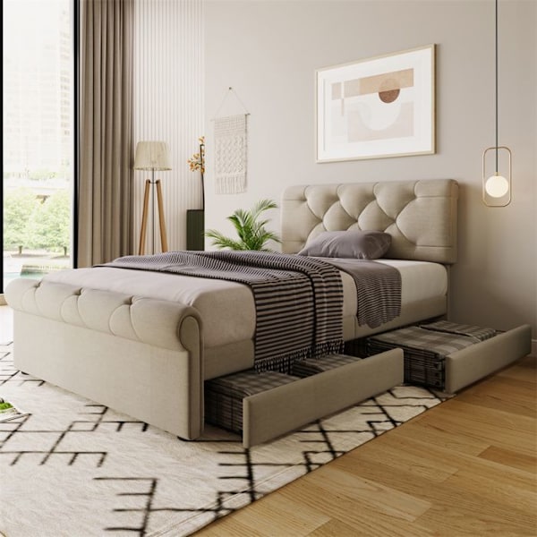 Säng i enkel storlek 90 x 200 cm med 2 lådor, huvudgavel justerbar i höjd, beige, utan madrass Beige