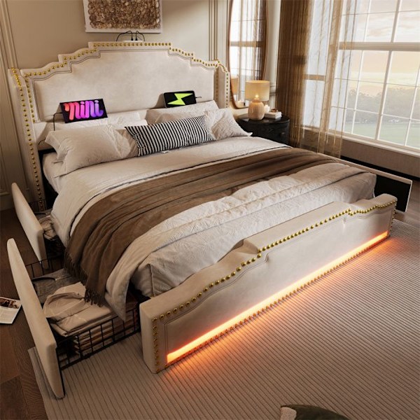 Dubbel säng, stoppad 140x200 cm - SEA WALL - 4 lådor - LED-belysning - Laddningsportar - Beige sammet Beige