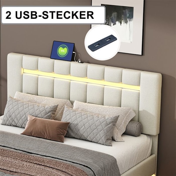 Plattängd med stoppning för vuxna 140 x 200 cm med LED-ljusslinga - Justerbar sänggavel - Linneväv - Beige Beige