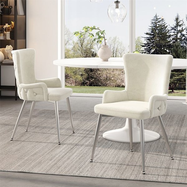 Samtida Matstolar - Set av 2 - Polstrad Köksstol - Silverfärgade Metallben - Sammet - Beige Beige + Silver