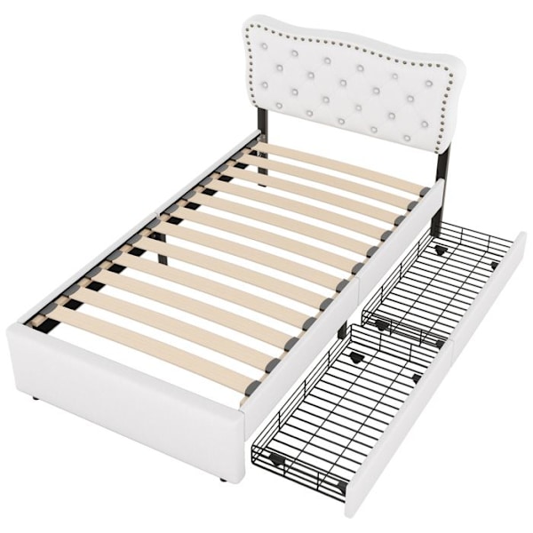 Litsimple capitonné 90 x 200 cm med 2 lådor och justerbar huvudgavel, Lattenbotten, dekoration av nitar, linne, Ljusbeige Ljusbeige