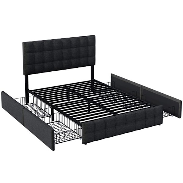 Dubbelbädd 140 x 200 cm med 4 förvaringslådor, ribbbotten, justerbar sänggavel, linne, svart Svart