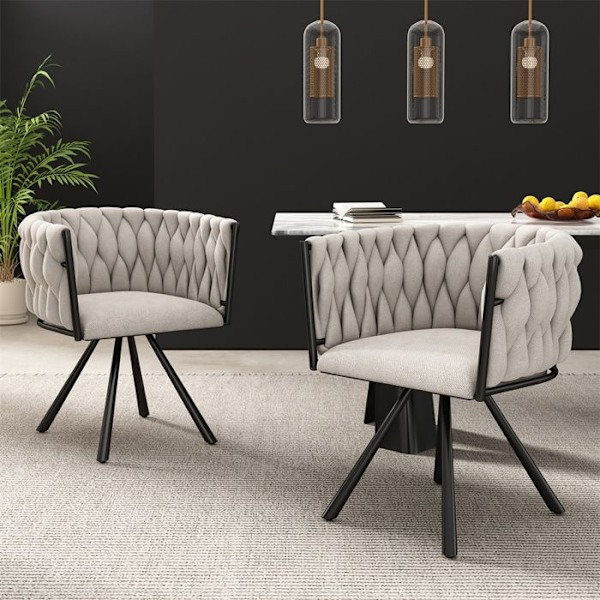 Svängbar Stol - Matstol - Sminkstol Klädd i Lin - Set om 2 - Svarta Metallben - Beige Beige och svart