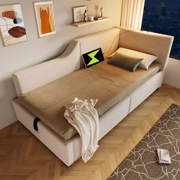 Litsäng 90x190cm - HAVSMUR - Beige sammet - Lästermaskin - USB-C portar - Ribbotten Beige