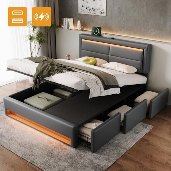 Lit coffre 140x190 cm - Similicuir - Grå - LED - 3 lådor - Justerbar sänggavel Grå