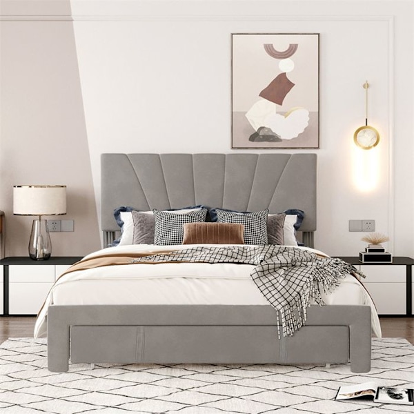 Polstret säng Vuxensäng 140x200 cm i sammet - stor låda - ribbotten - justerbar sänggavel - skandinavisk stil - Grå Grå