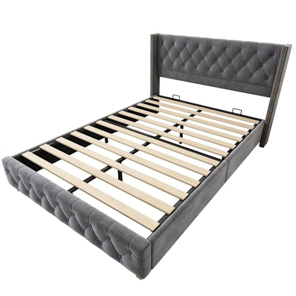 Säng med stoppad huvudgavel 140x190cm med ribbsängbotten, dekorativa nitar, träben, sammet, grå Grå