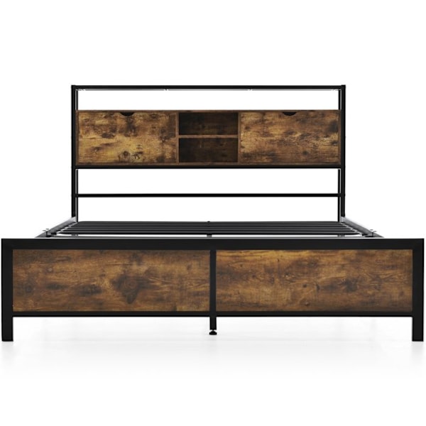 Dubbel säng 140x200 cm med sänggavel och förvaring, vuxensäng 140x200 cm med metalldetaljer och ribbotten, svart industriell stil Svart