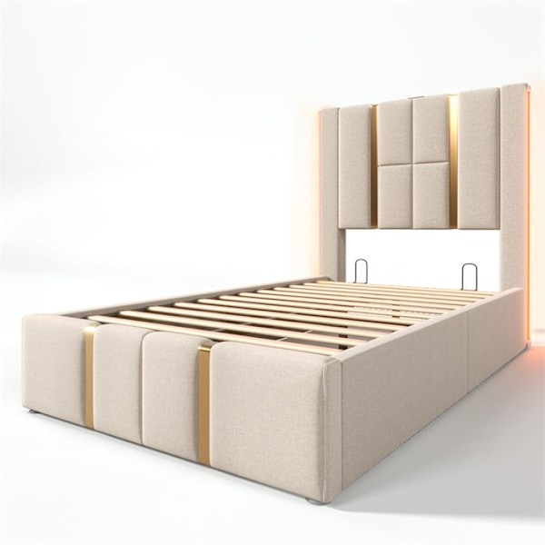 Säng med stoppning 90x200 cm med LED, USB-kontakt och typ C, Förvaringssäng 90x200 cm i linne, Enkel säng med ribbotten, Beige Beige