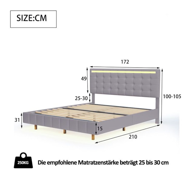 Dubbel säng Vuxensäng 160 x 200 cm i mjuk linne för huden - LED-ljusband - Justerbar sänggavel - Fälld säng - Grå Grå