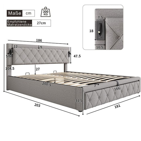 Lit med dubbelfåtölj 180 x 200 cm med downlight och USB, Förvaringslåda, Lattenbotten, Lin, Grå, Utan madrass Grå