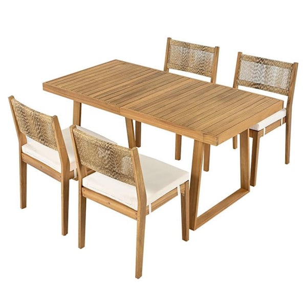Uppsättning trädgårdsbord och stol - Trädgårdssalong för 4 personer - Akaciaträ och naturlig PE-rattan, vit kudde Natur + Vit