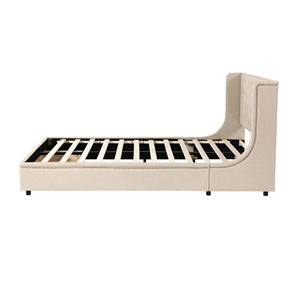 Säng för vuxna 140x200cm i linne - Dubbel säng med ribbotten - Ryggstöd och stor låda - Beige Beige